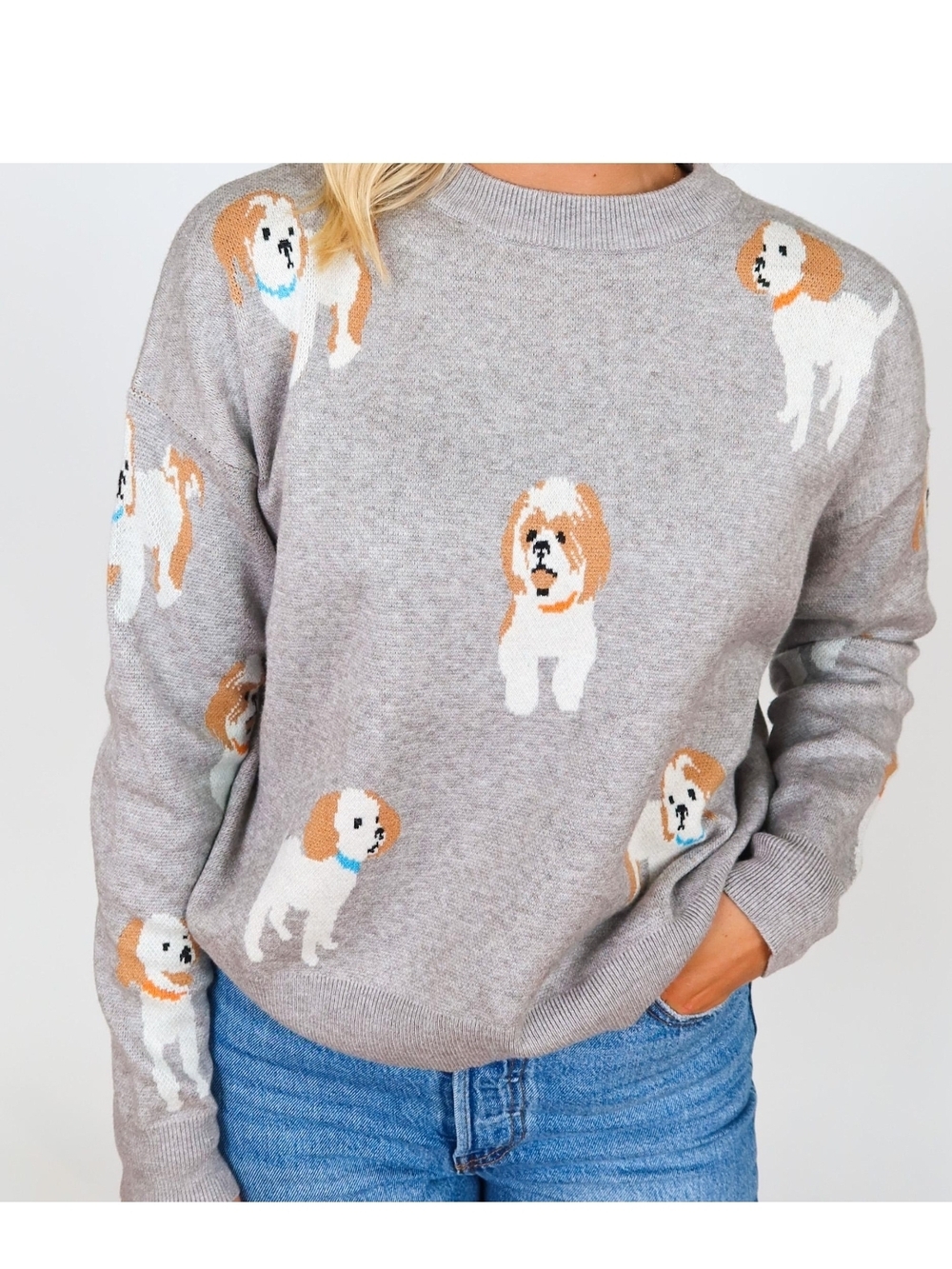 THML Gray Crewneck Sweater with Dog Motif - Picture 3 of 9